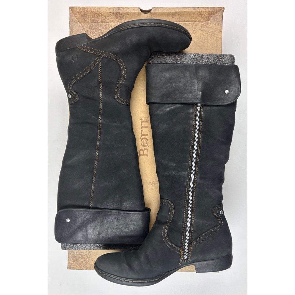 Born Tall Fold-Over Leather Riding Boots in Black with Gray Trim - Picture 3 of 15